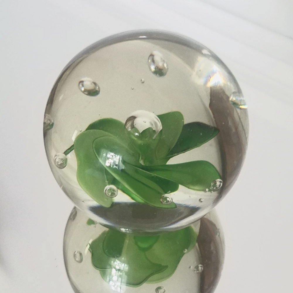 Vintage Glass Art With Controlled Bubbles Paperweight Decor Green Flower Swirl